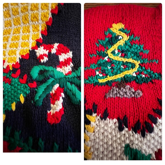 Christmas Hand Knitted Cardigan Sz Med. Red With Christmas Items Embroidered on - Picture 9 of 10